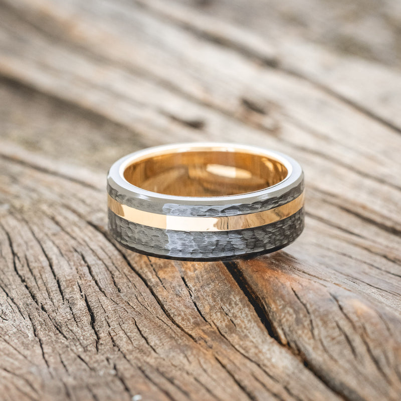 HAMMERED BLACK ZIRCONIUM & 14K GOLD INLAY WEDDING RING FEATURING A 14K GOLD BAND